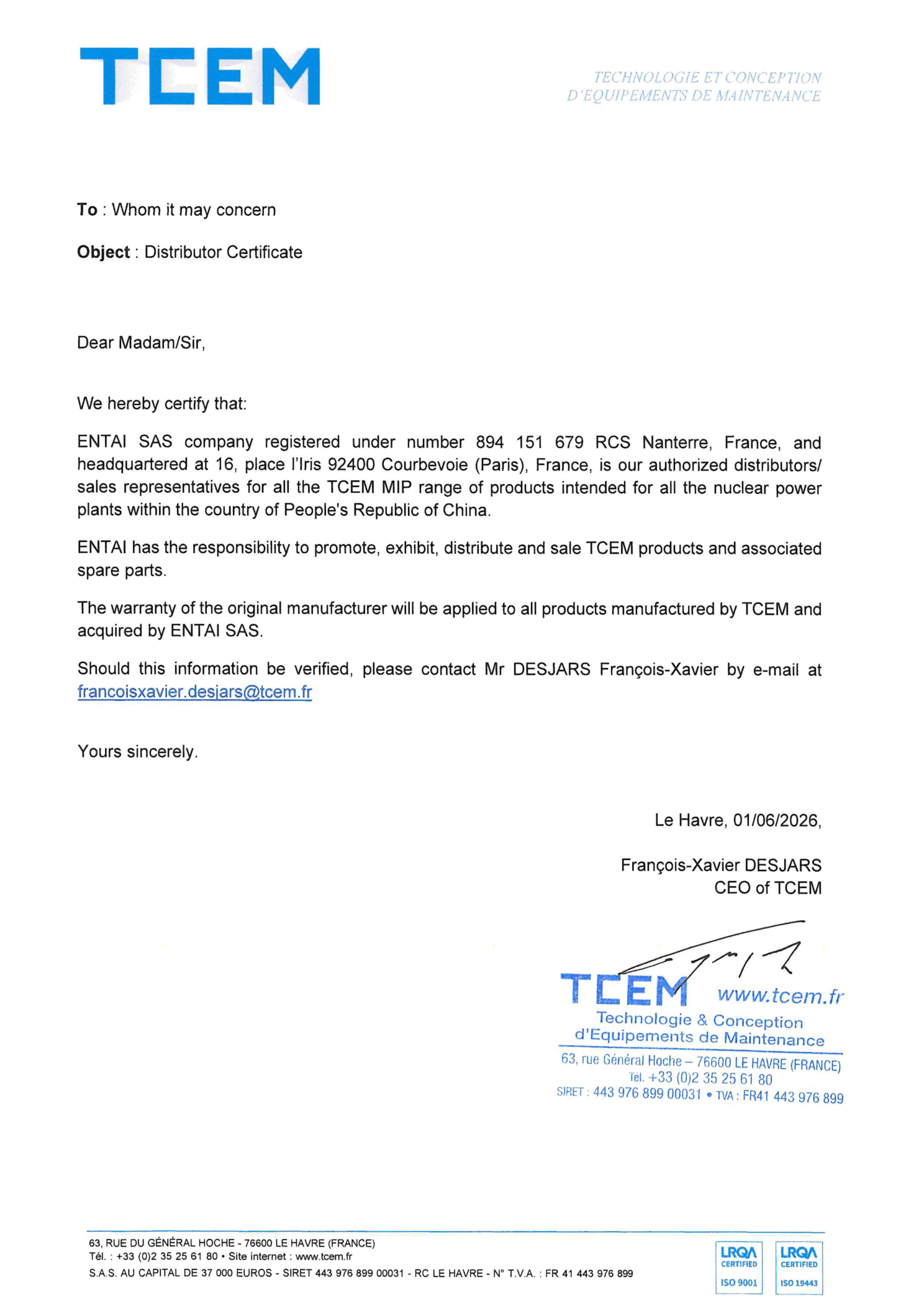 Certificat d'autorisation TCEM